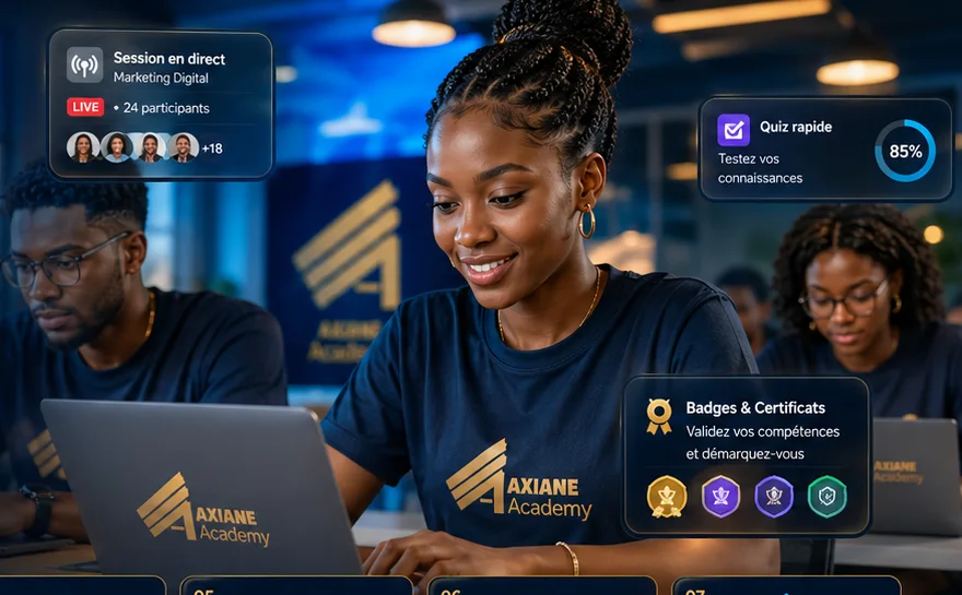 Des apprenantes et apprenants AXIANE Academy en session, avec séance live, quiz et badges.